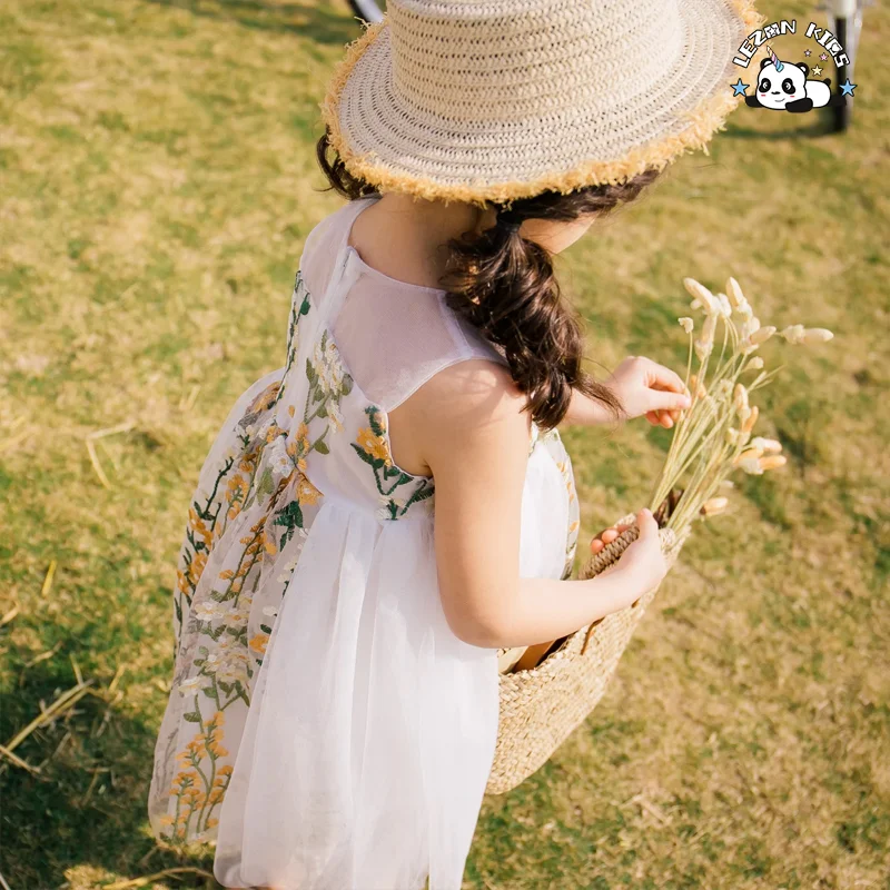 LEZONKIDS - Kids Clothing Wholesale Summer Dress Girl Flower Embroidery Tulle Dresses for Kids Girls